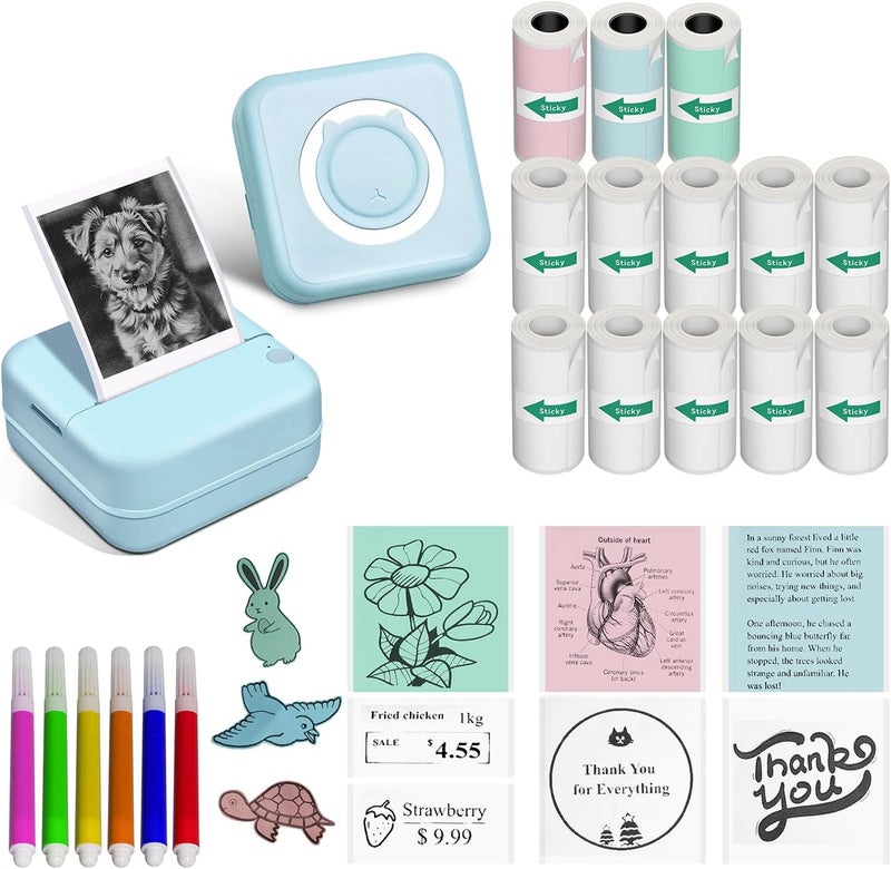 Aptika Label Maker - Mini Portable Sticker Printer with 14 Rolls Self-Adhesive Thermal Papers, Labeller Machine for Home Office Study Business Texts Journal, Blue - Image 1